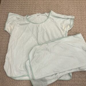 Green and White striped LAKE pajamas. Short sleeved shirt and long pants SET